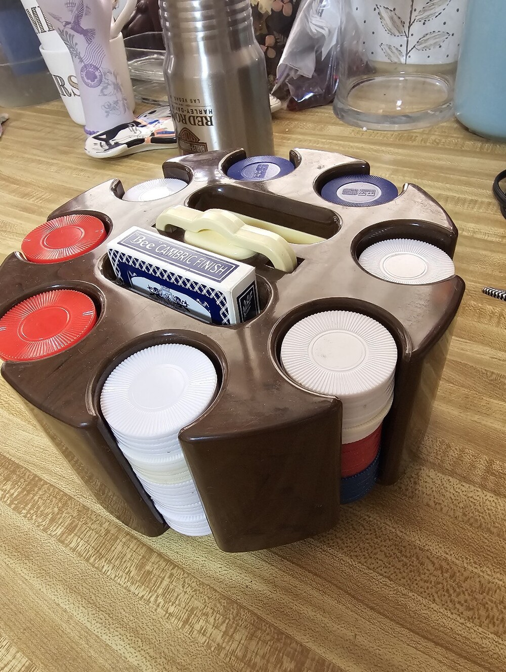Vtg MCM Bakelite Poker Chip Carousel Caddy Rack + Trump Castle AC Casino Cards